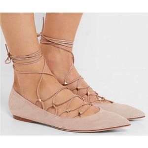 Valentino Garavani Rockstud Nude/Tan Lace Up Ballet Flats Poudres SZ 36